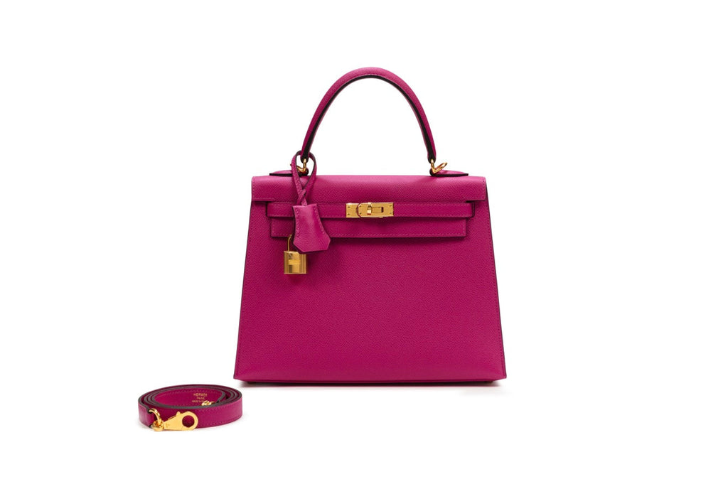 HERMÈS KELLY 25 CLEMENCE LEATHER BAG IN ROSE EXTREME