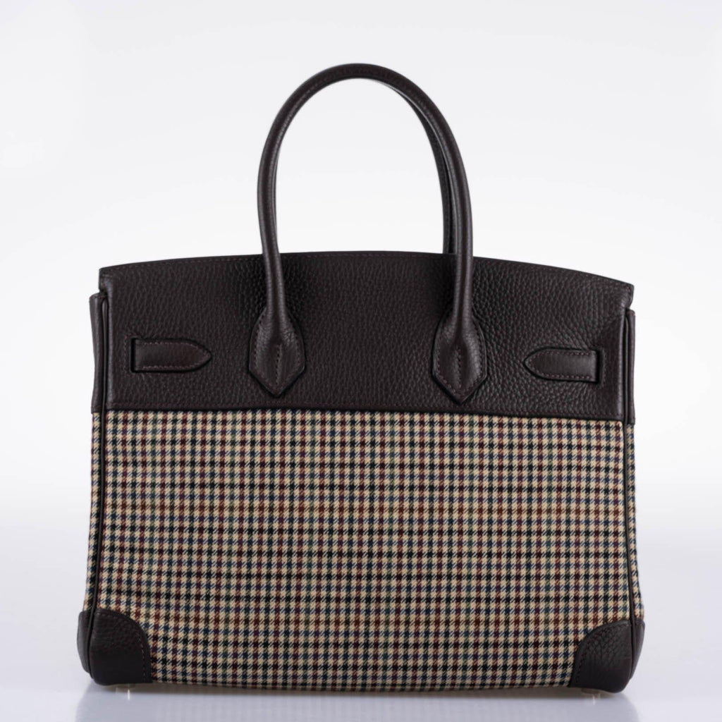 Hermès Lainage Birkin 30 Houndstooth Plaid Wool and Ebene Togo Palladium Hardware