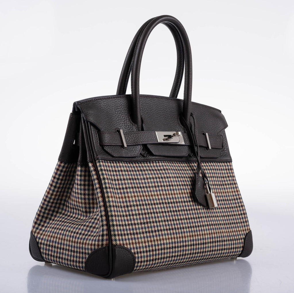 Hermès Lainage Birkin 30 Houndstooth Plaid Wool and Ebene Togo Palladium Hardware