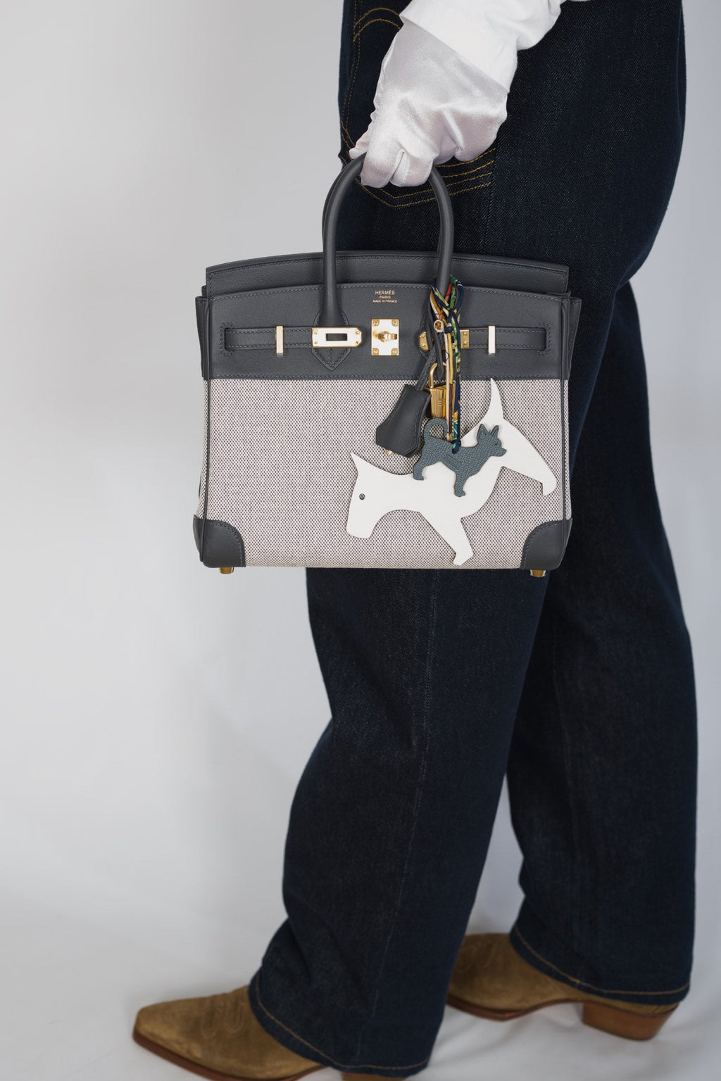 Hermès Limited Edition Birkin 25 in Écru and Ardoise Toile H and Veau Swift Gold Hardware