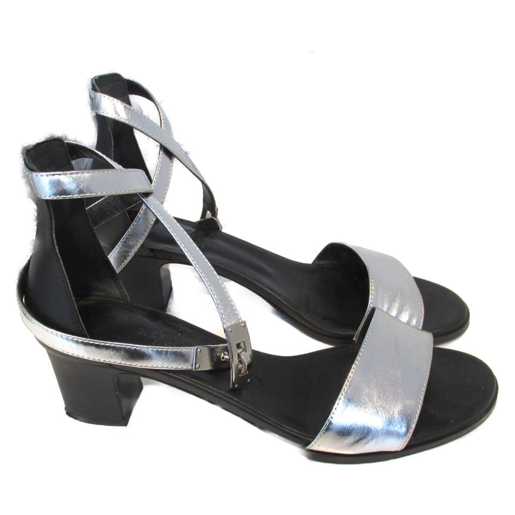 HERMÈS METALLIC SILVER LEATHER MANEGE ANKLE STRAP SANDALS