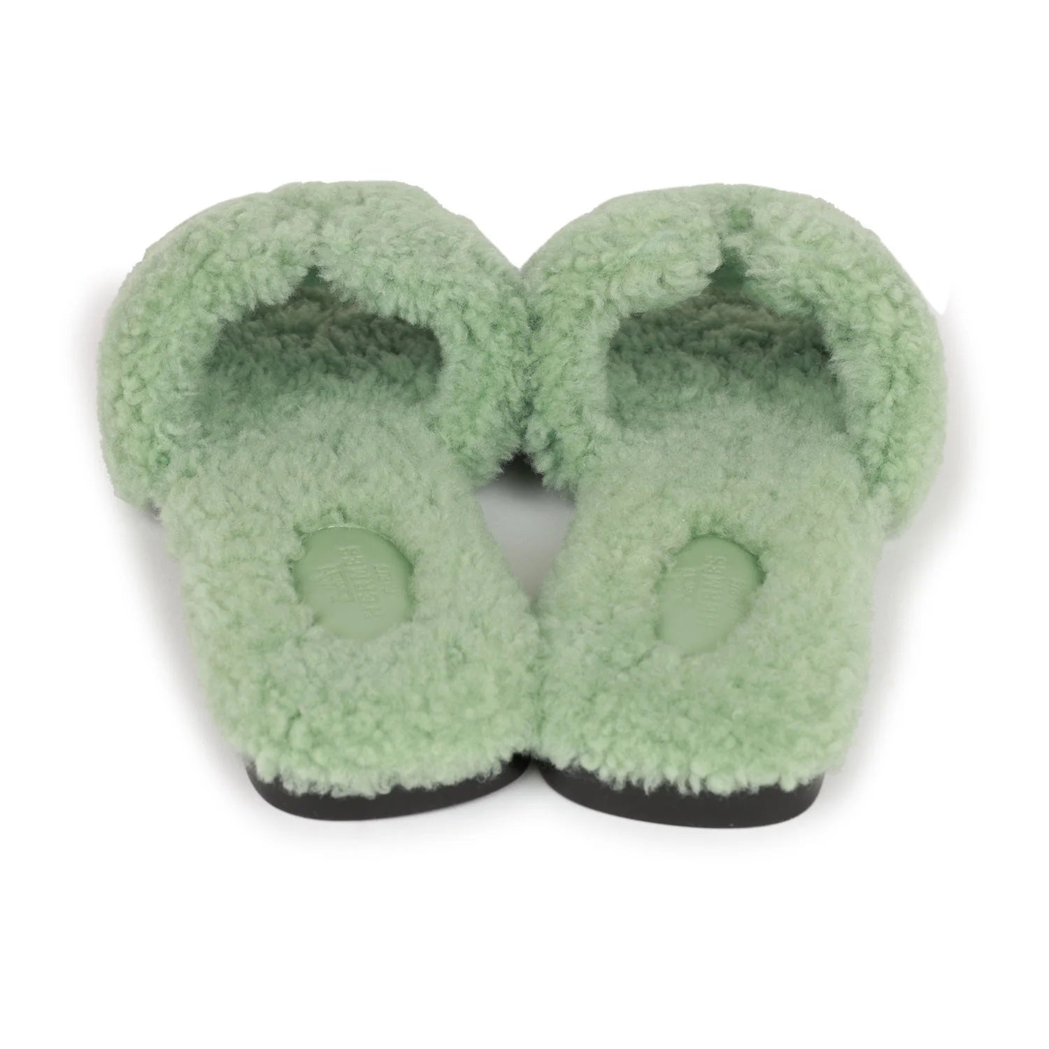 HERMÈS WOOLSKIN ORAN SANDALS IN VERT D'EAU
