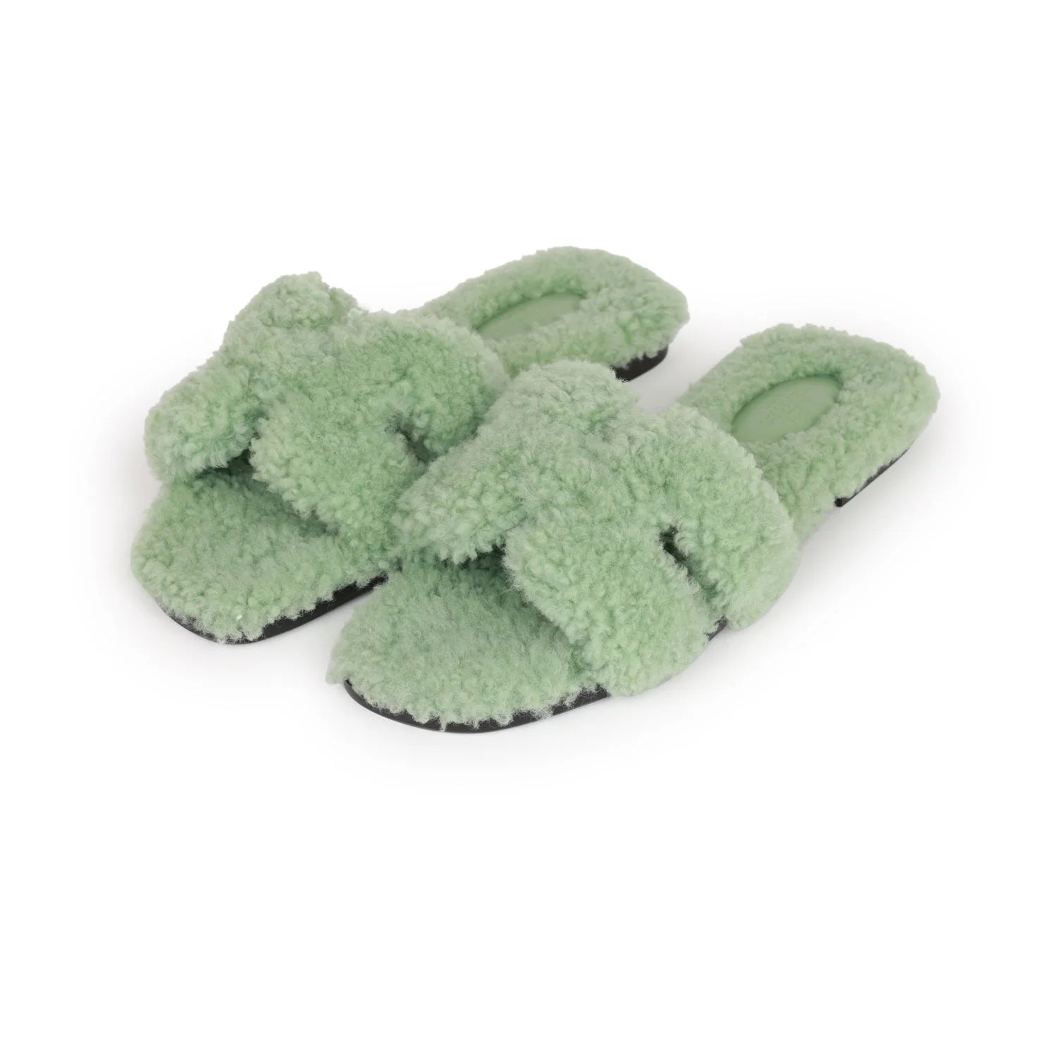 HERMÈS WOOLSKIN ORAN SANDALS IN VERT D'EAU