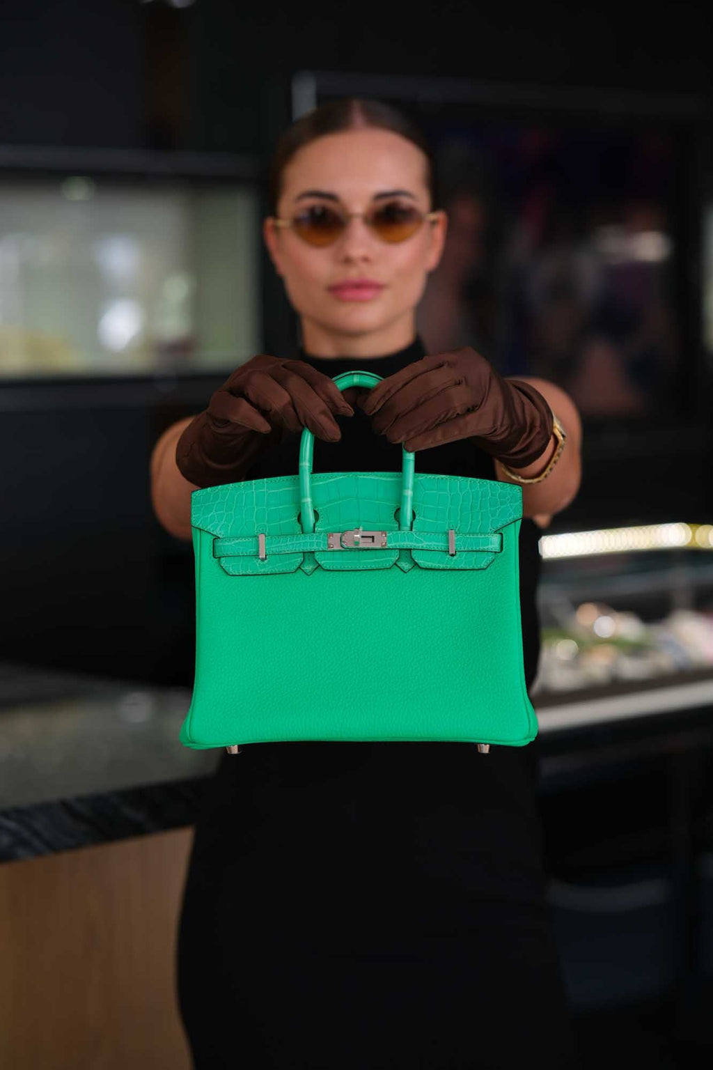 Hermès Touch Birkin 25 Vert Comics Matte Alligator and Togo Palladium Hardware