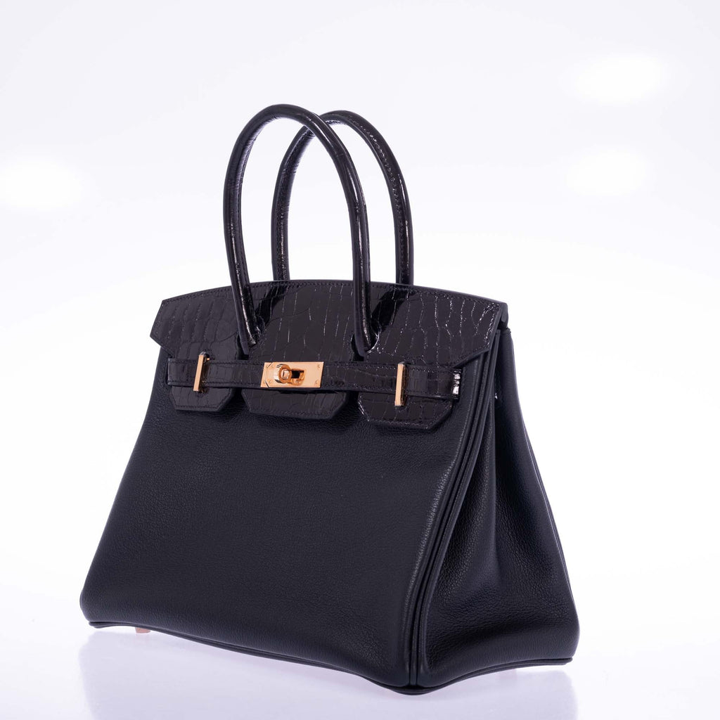 Hermès Touch Birkin 30 Black Shiny Nilo Crocodile and Togo Rose Gold Hardware