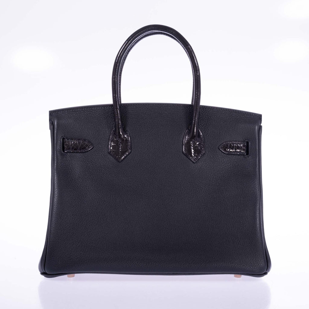 Hermès Touch Birkin 30 Black Shiny Nilo Crocodile and Togo Rose Gold Hardware