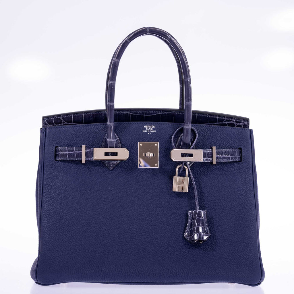 Hermès Touch Birkin 30 Bleu Encre Togo and Shiny Niloticus Crocodile Palladium Hardware