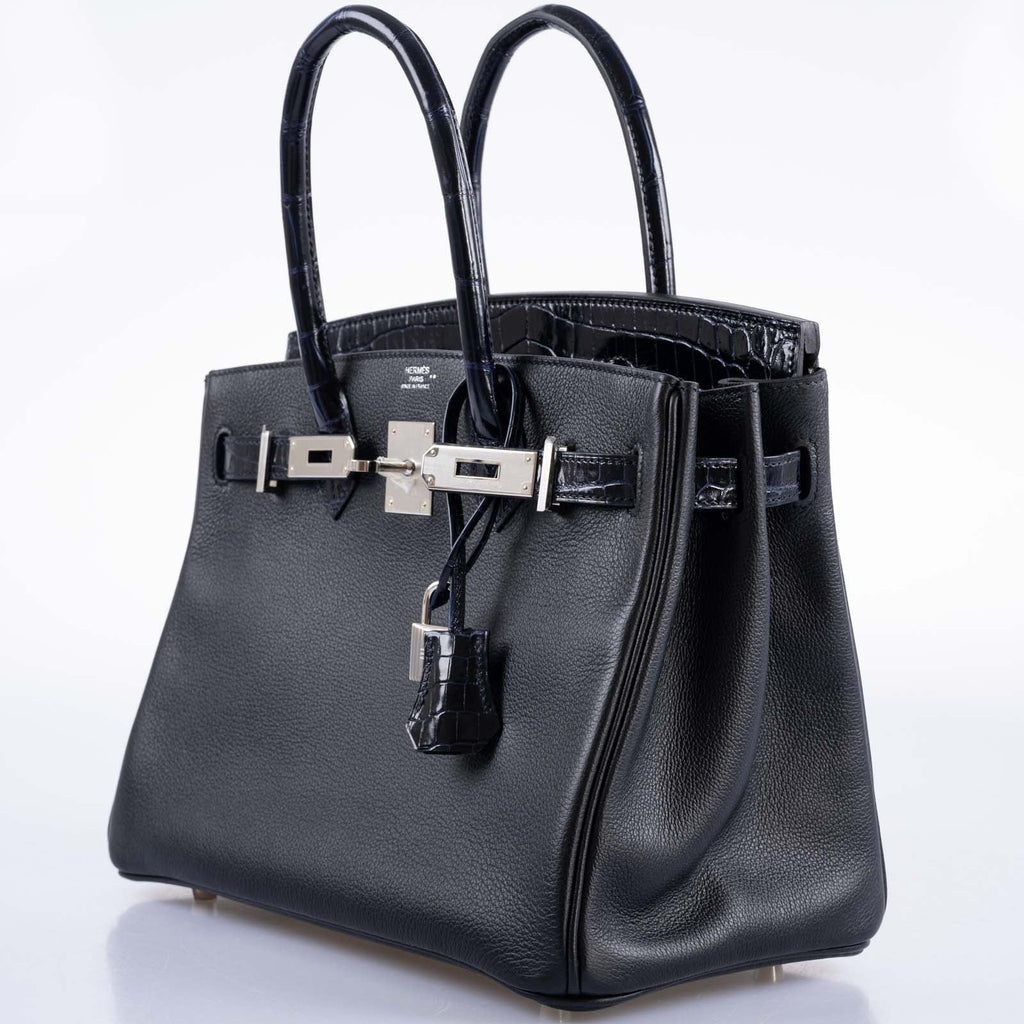 Hermès Touch Birkin 30 Shiny Bleu Marine Nilo Crocodile and Black Novillo Palladium Hardware