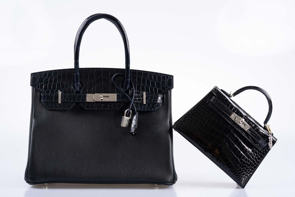 Hermès Touch Birkin 30 Shiny Bleu Marine Nilo Crocodile and Black Novillo Palladium Hardware