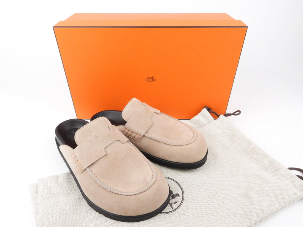 Hermes Taupe Beige Suede Slip On Go Mule - 37