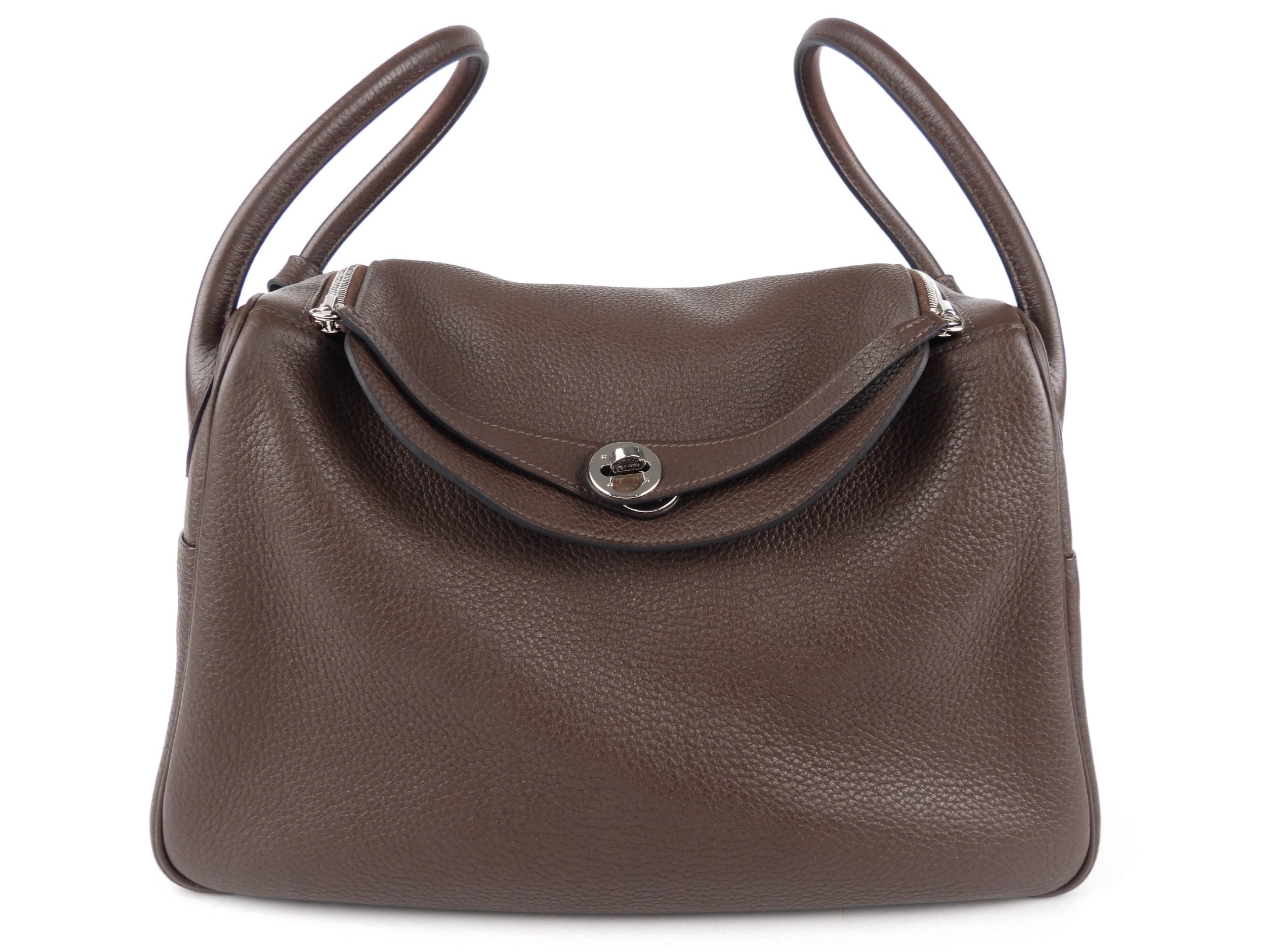 Hermes Lindy 34 Chocolate Brown Clemence Leather Palladium Hardware Shoulder Tote