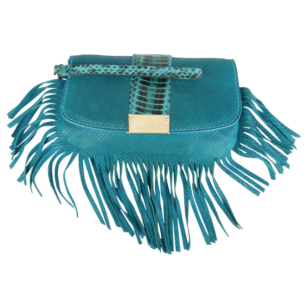 Jimmy Choo Blue Snakeskin Fringe Clutch Bag with Wrist Strap