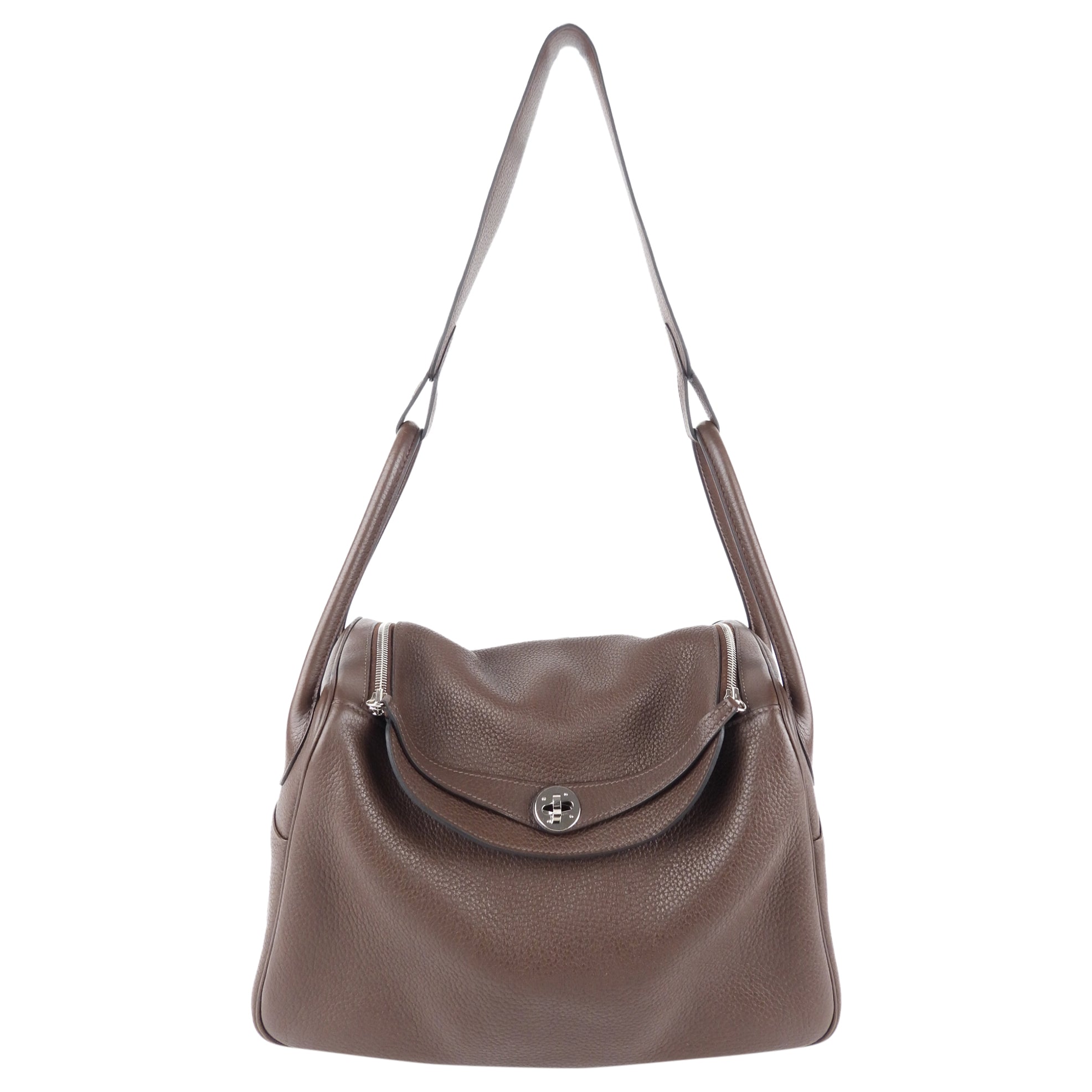 Hermes Lindy 34 Chocolate Brown Clemence Leather Palladium Hardware Shoulder Tote