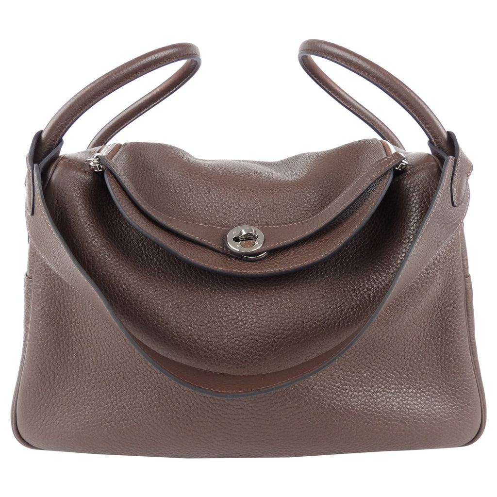 Hermes Lindy 34 Chocolate Brown Clemence Leather Palladium Hardware Shoulder Tote