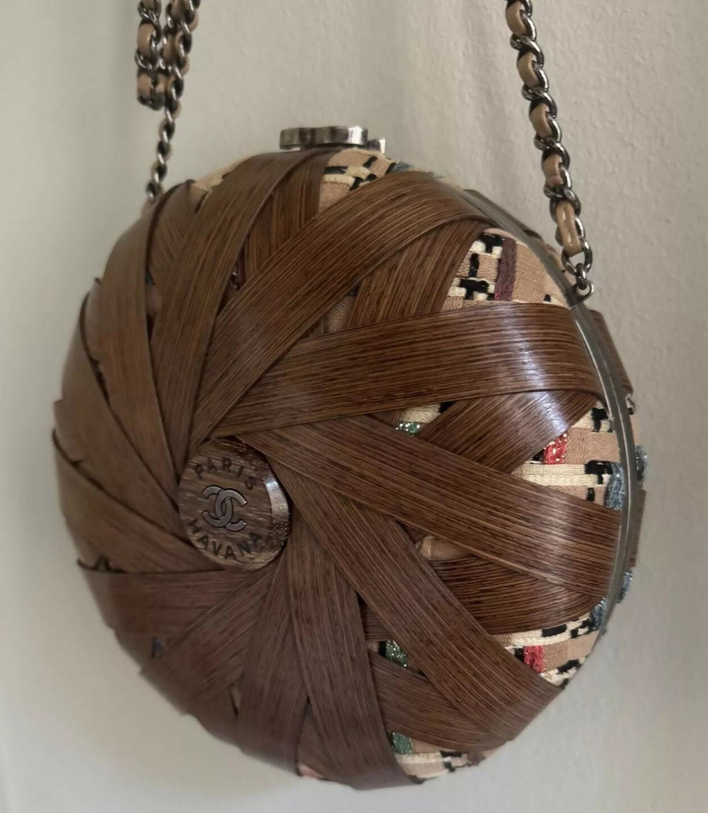 Chanel “Havana By Night” Round Woven Wood and Tweed Minaudière