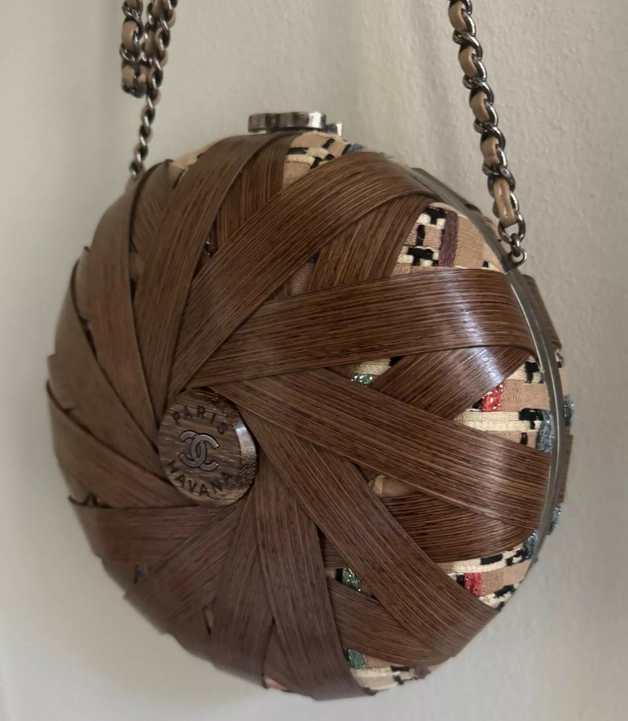 Chanel “Havana By Night” Round Woven Wood and Tweed Minaudière