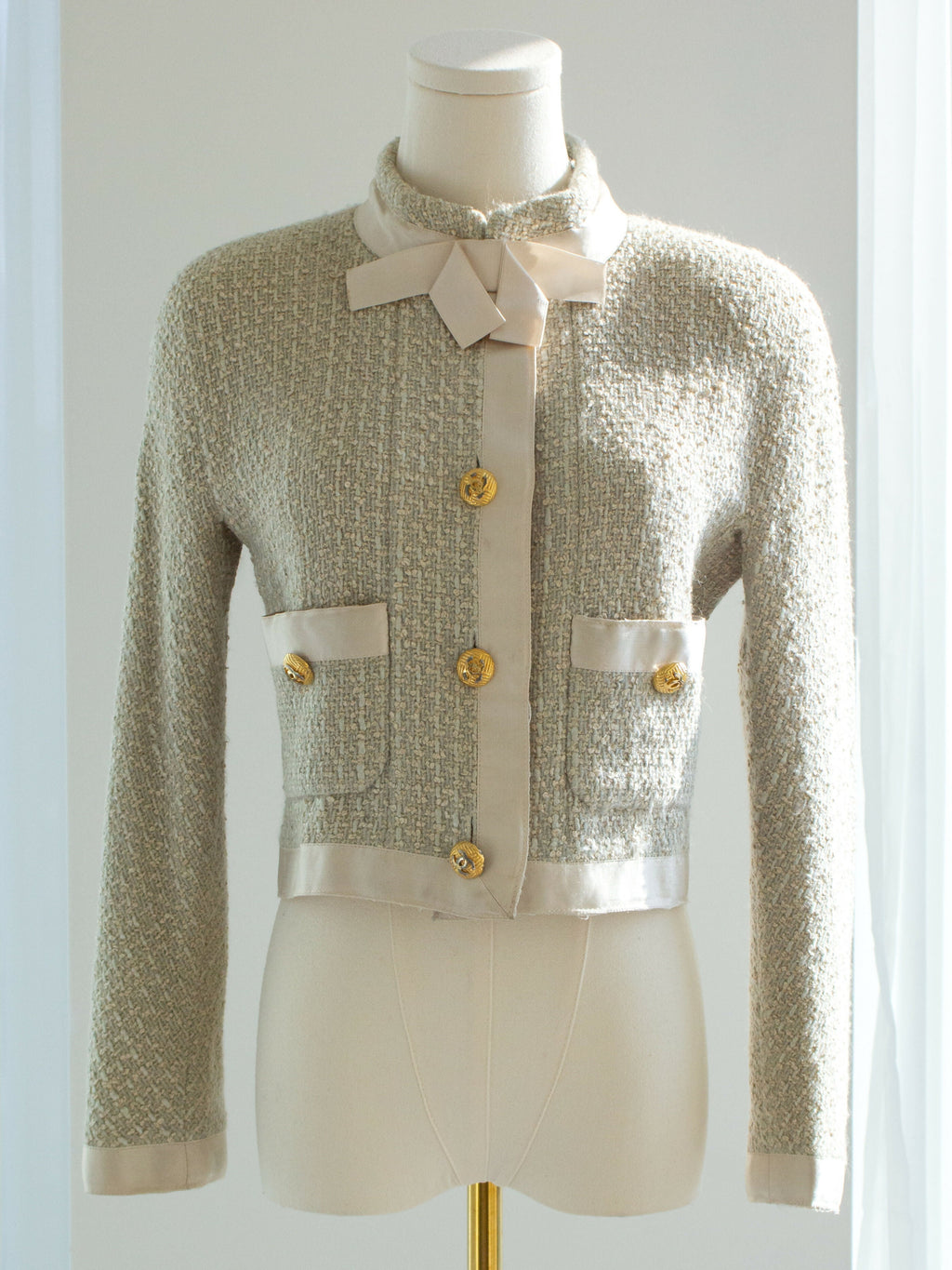 Chanel Vintage S/S1990 Seafood Green Cream Satin Bow Tweed Cropped Jacket