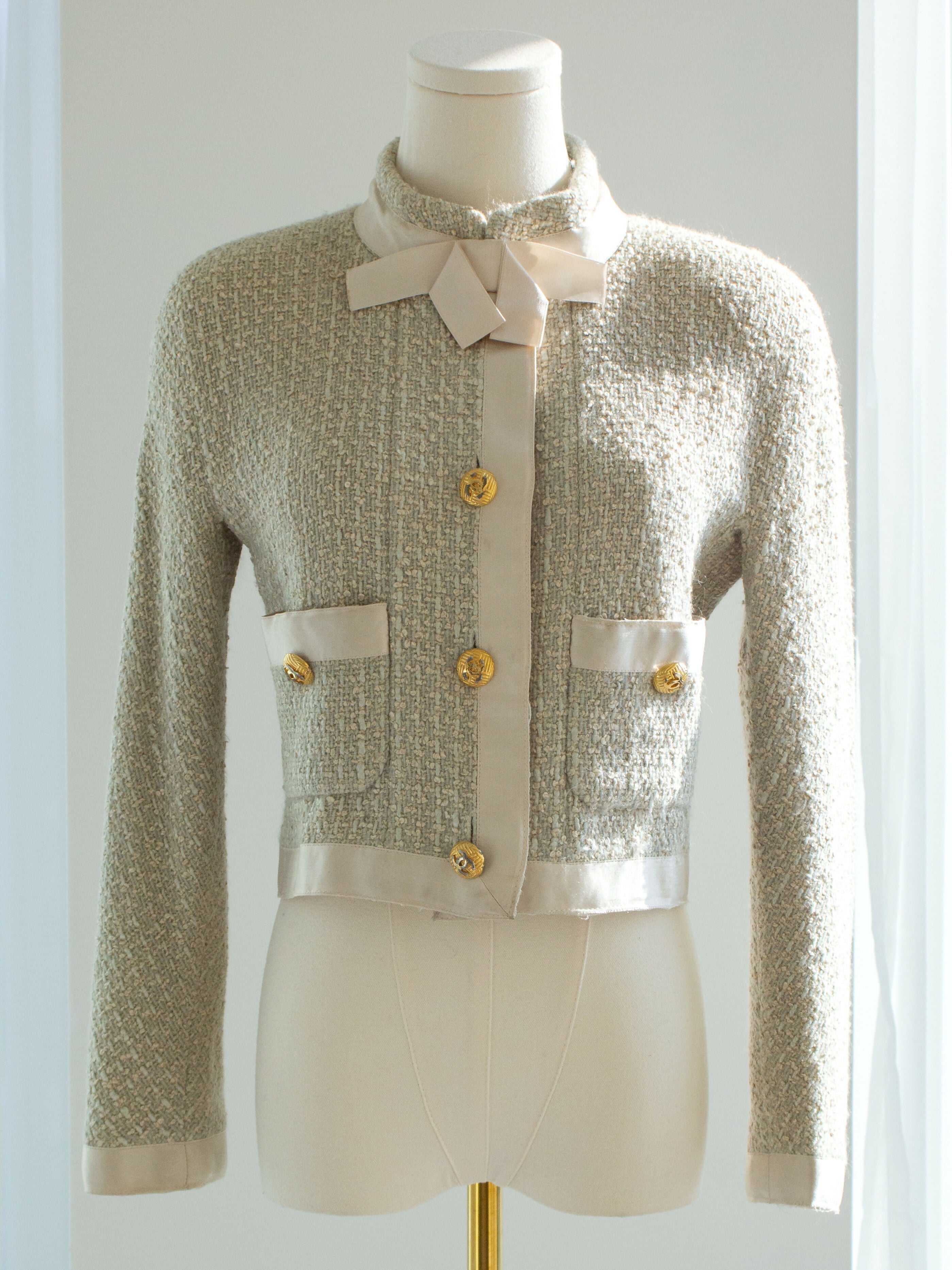 Chanel Vintage S/S1990 Seafood Green Cream Satin Bow Tweed Cropped Jacket