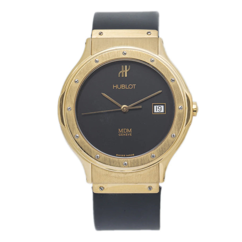 HUBLOT CLASSIC MDM 18K YELLOW GOLD MATTE BLACK DIAL QUARTZ WATCH