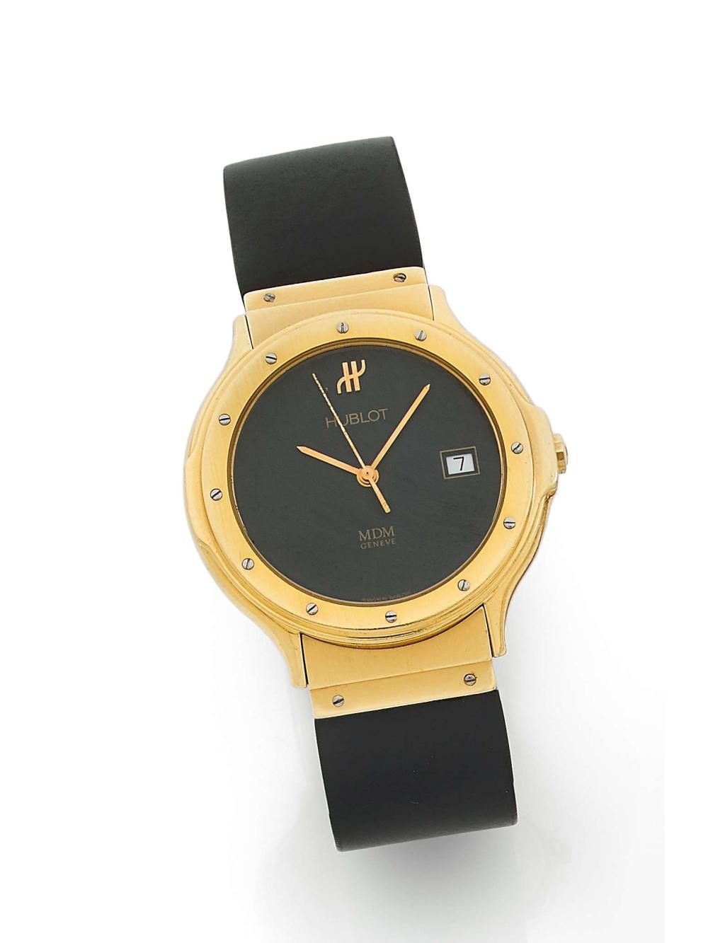 HUBLOT CLASSIC MDM 18K YELLOW GOLD MATTE BLACK DIAL QUARTZ WATCH