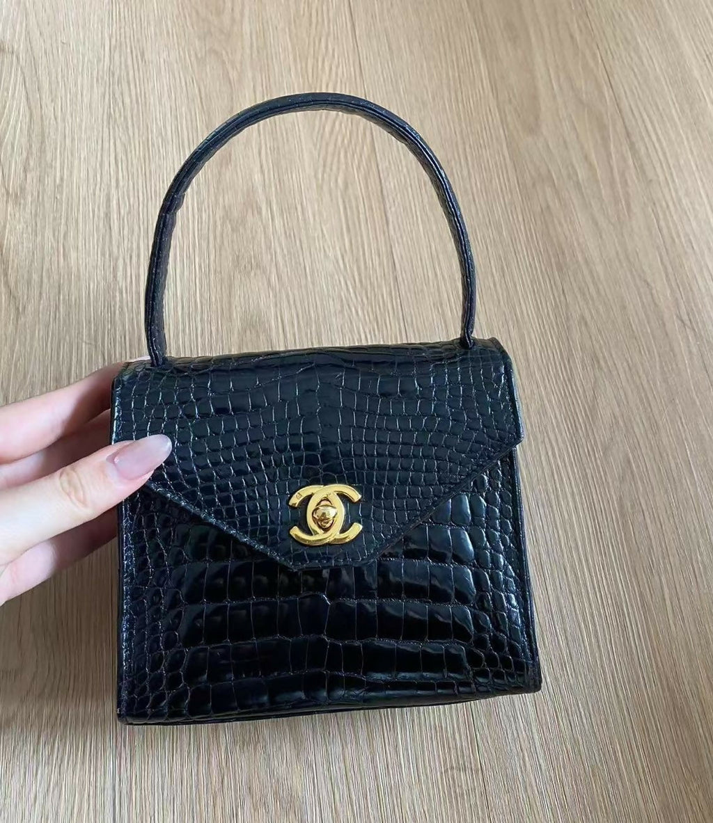 Chanel Vintage Black Crocodile Top Handle Kelly Bag