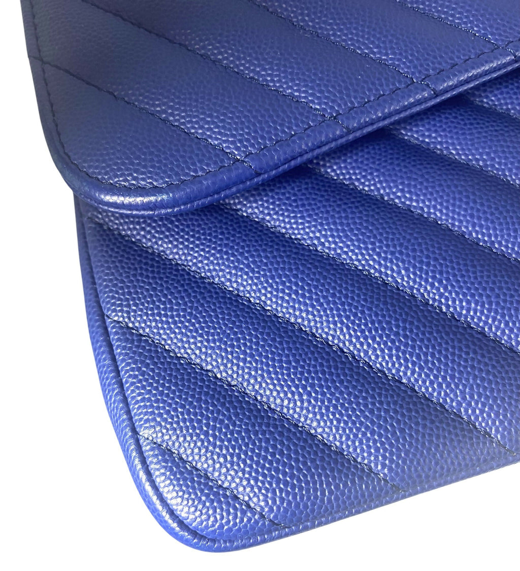 Chanel 2019 Bright Blue Caviar Chevron Quilted Jumbo Double Flap Timeless Classic Bag SHW