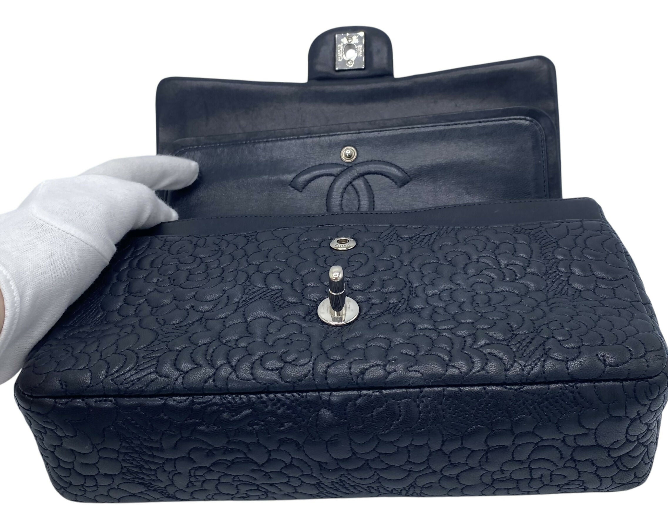 Chanel Black Camellia Embossed Lambskin Classic Timeless Medium Double Flap Bag SHW