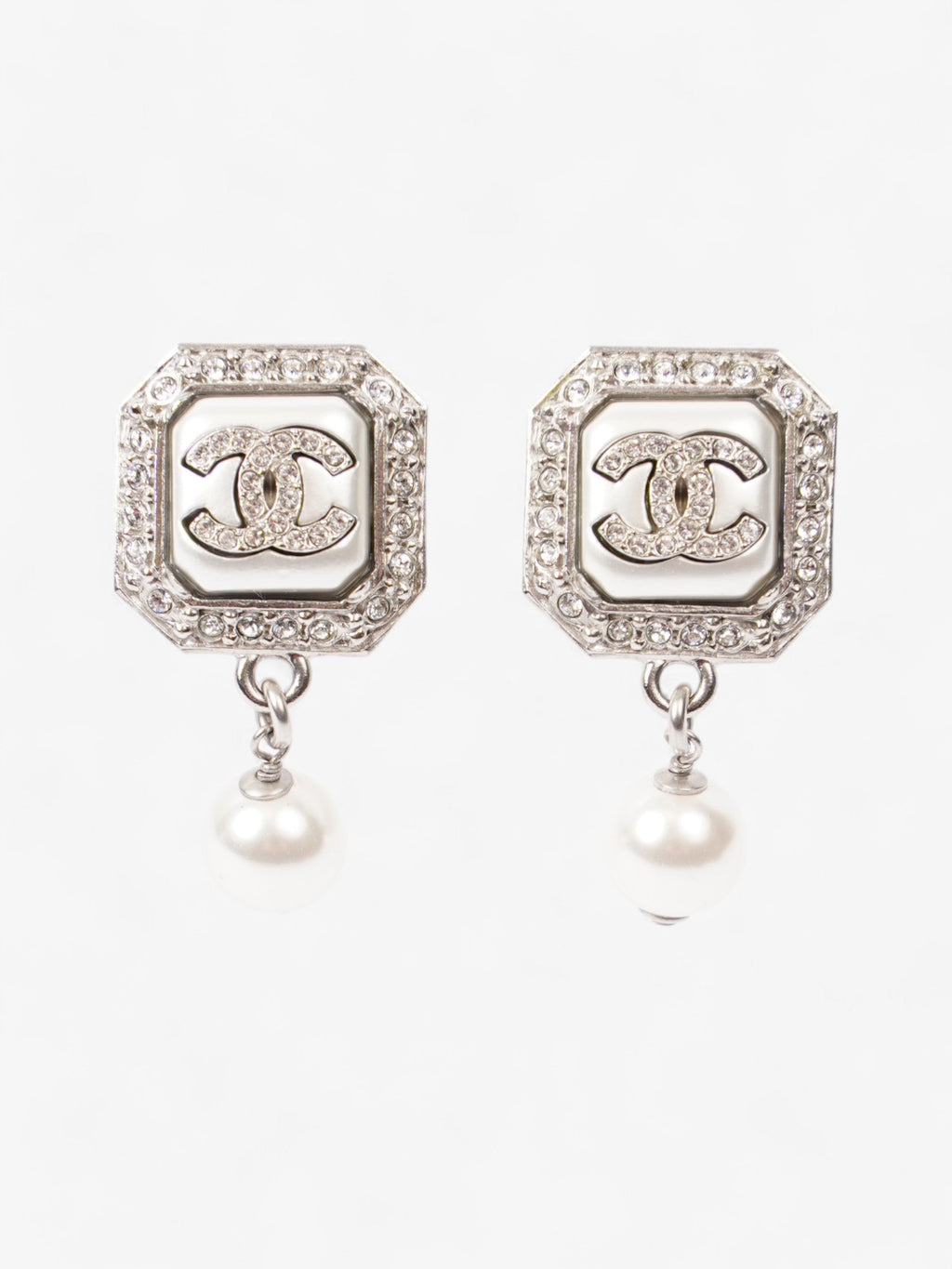 Chanel CC Square Pearl Drop Earrings Silver / White Base Metal