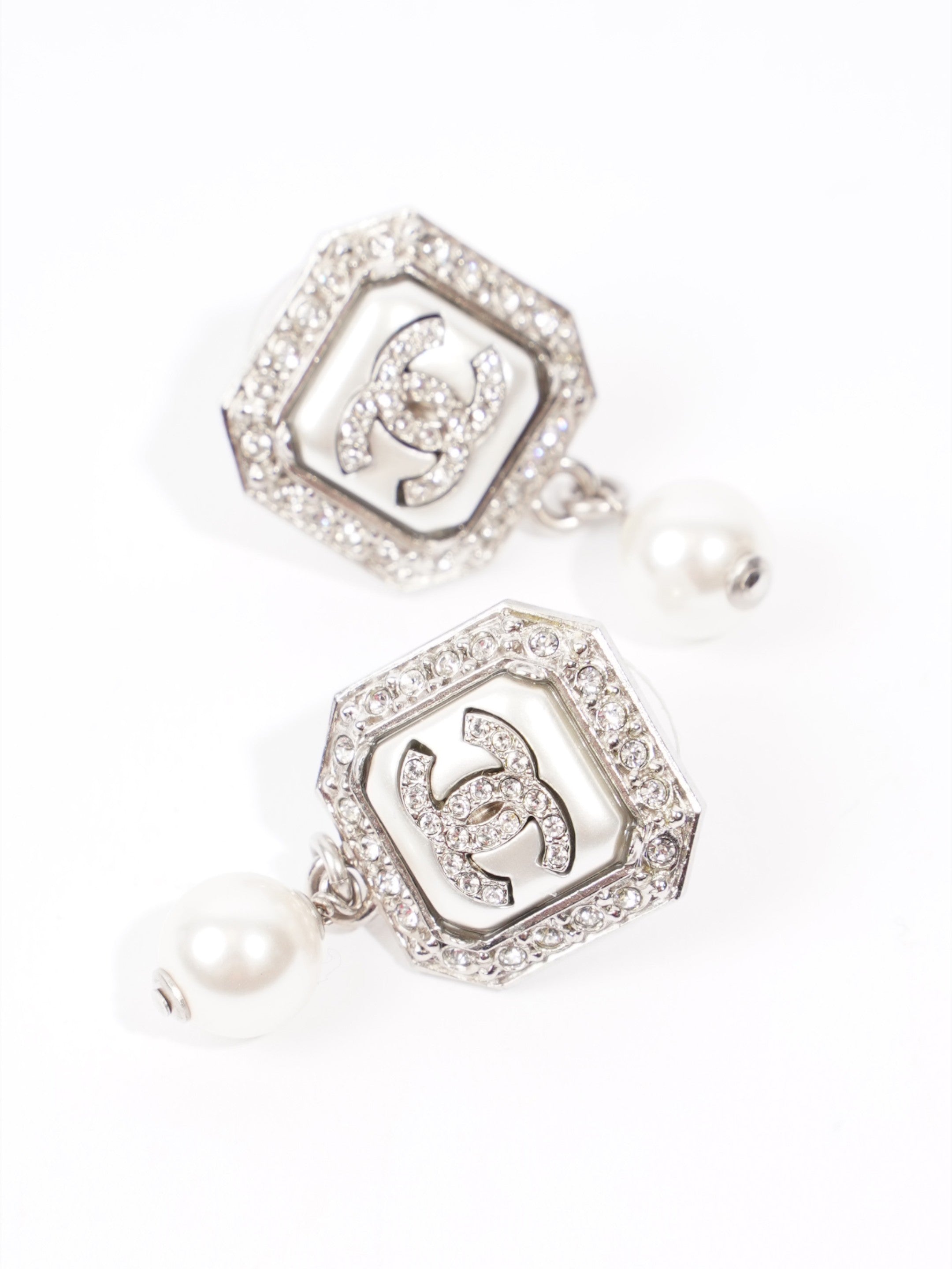 Chanel CC Square Pearl Drop Earrings Silver / White Base Metal