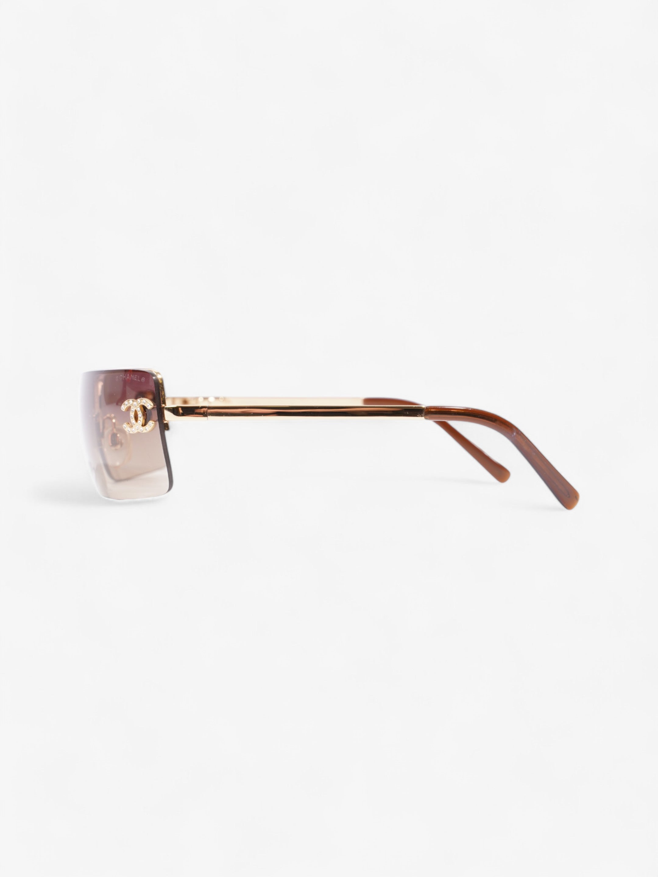 Chanel CC Rhinestone Rectangular Sunglasses Gold / Brown Acetate 120mm