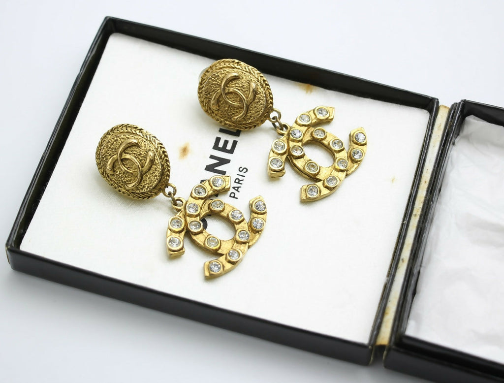 Chanel Vintage 71-80s Rhinestone & Gold-plated Round Relief Dangle Clip-on Earrings