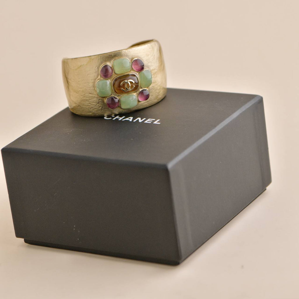 Chanel Gold Tone Multi Colour Glass Gripoix Cuff Bracelet