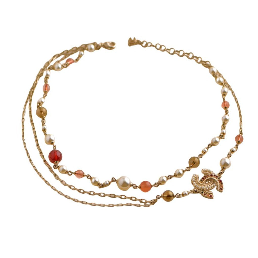 Chanel CC Double Glass Faux Pearl Chain Long Necklace