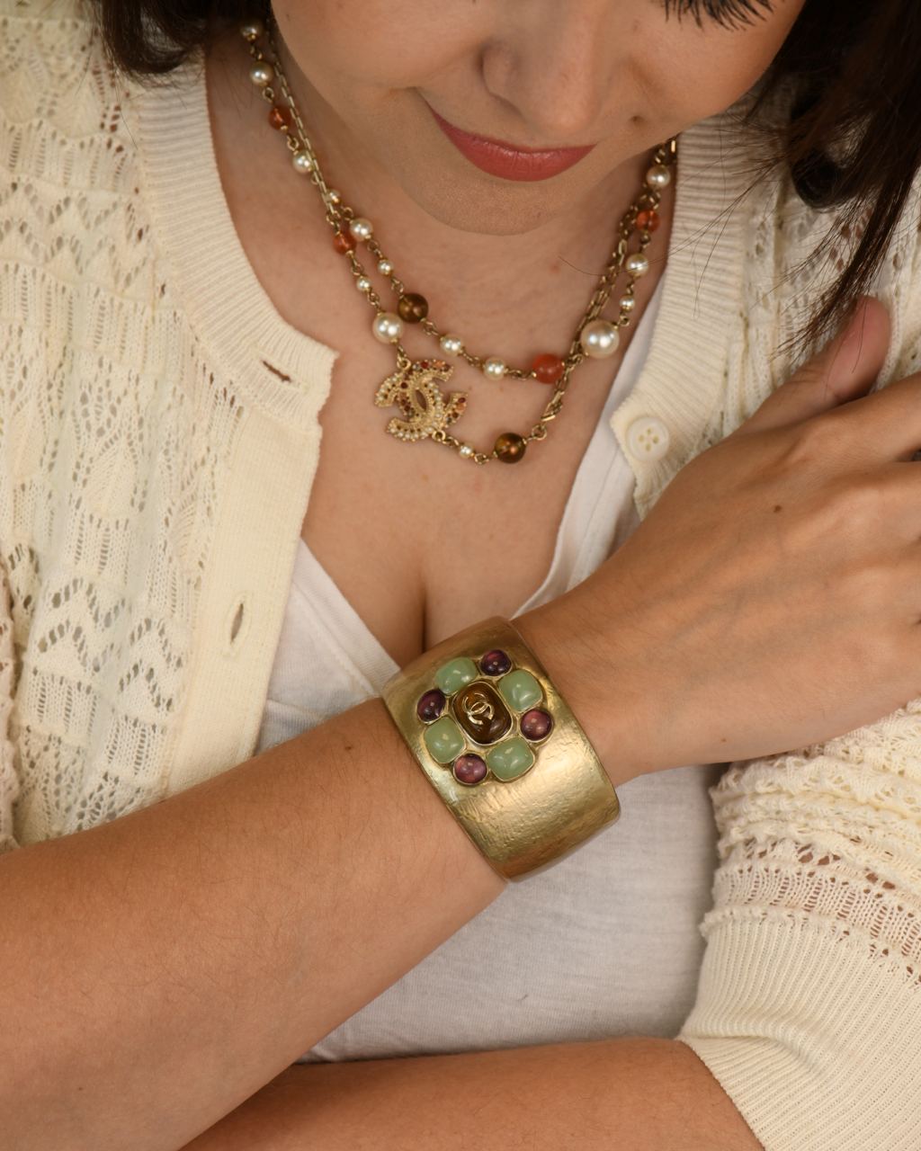Chanel Gold Tone Multi Colour Glass Gripoix Cuff Bracelet