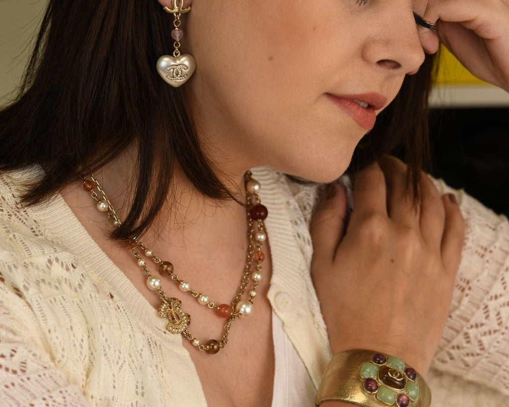 Chanel CC Double Glass Faux Pearl Chain Long Necklace
