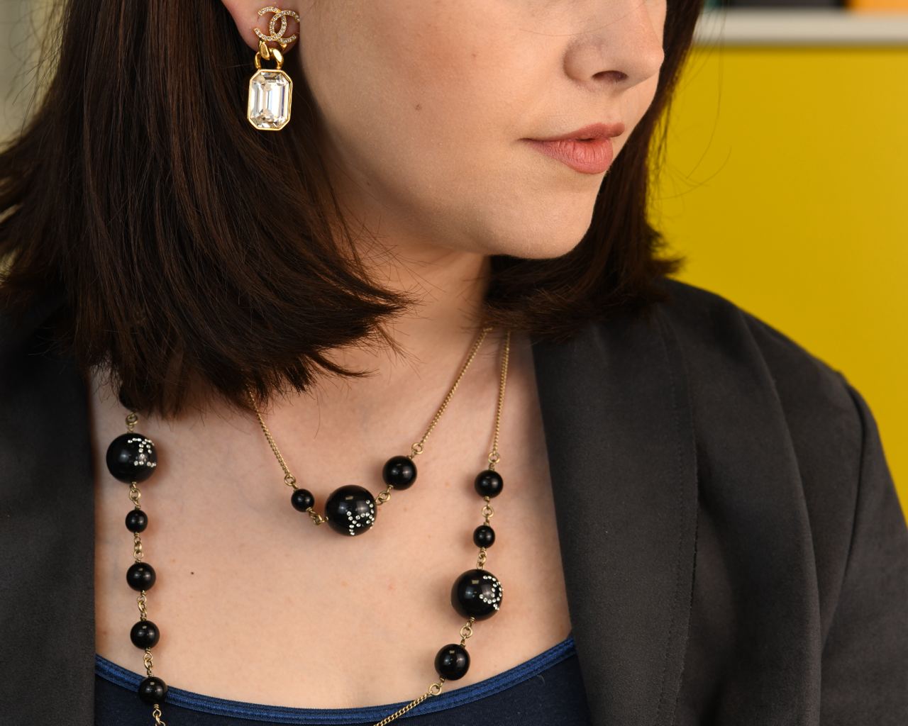 Chanel CC Black Beads Long Chain Necklace