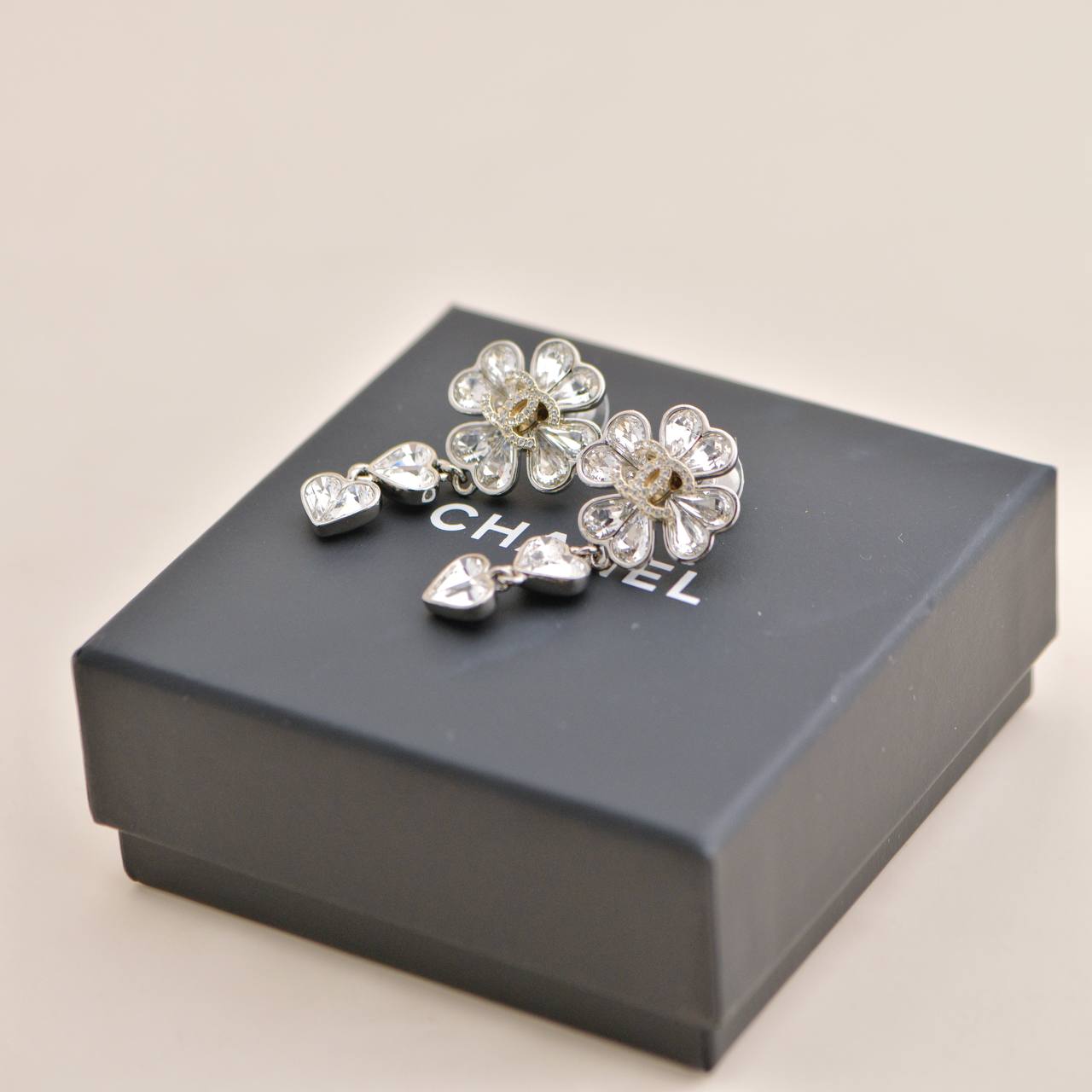 Chanel CC Crystal Clover Heart Drop Silver Earrings