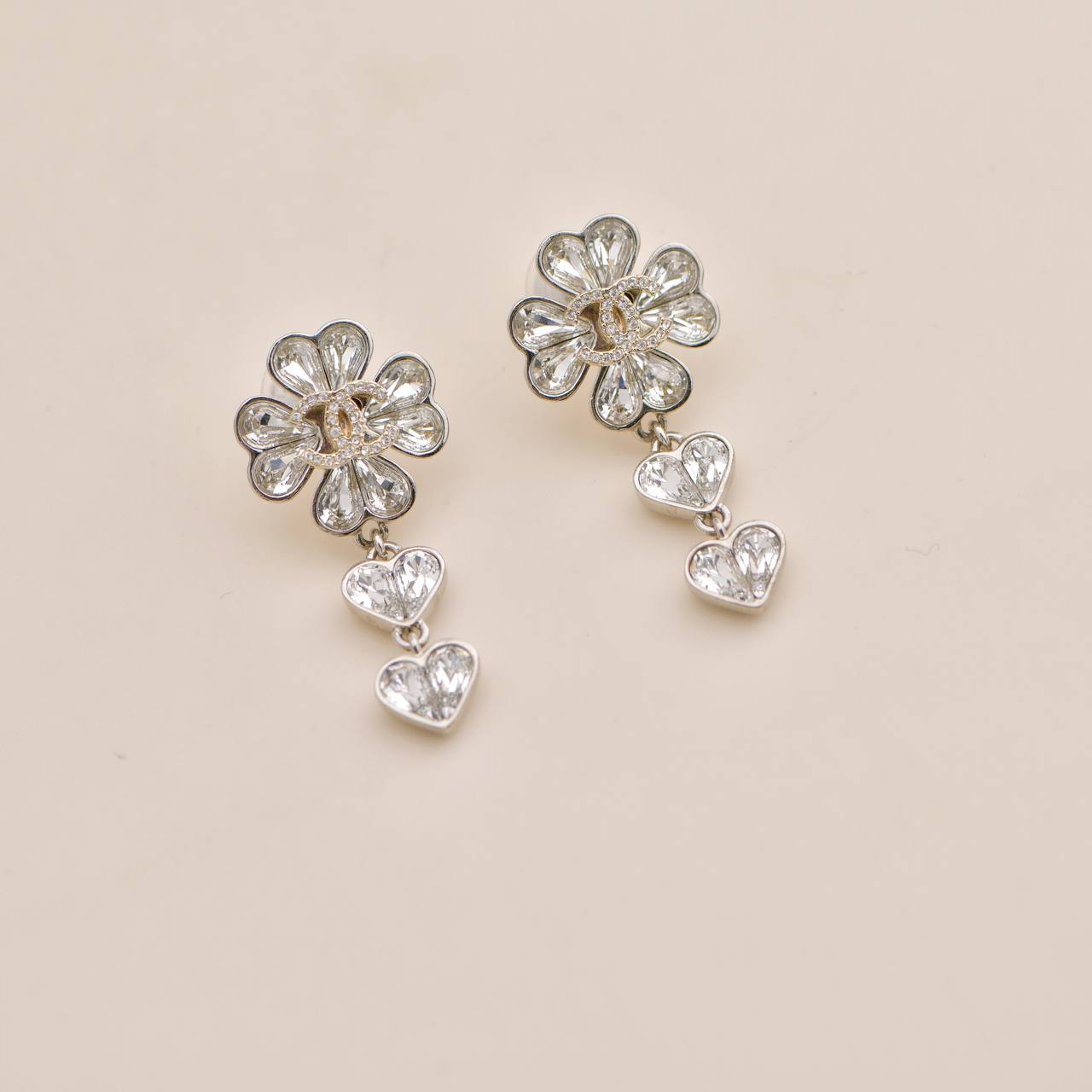 Chanel CC Crystal Clover Heart Drop Silver Earrings