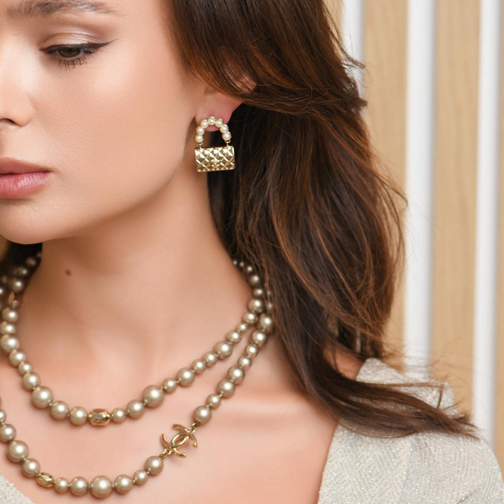Chanel Faux Pearl Quilted Classic Flap Bag Gold Tone Earrings