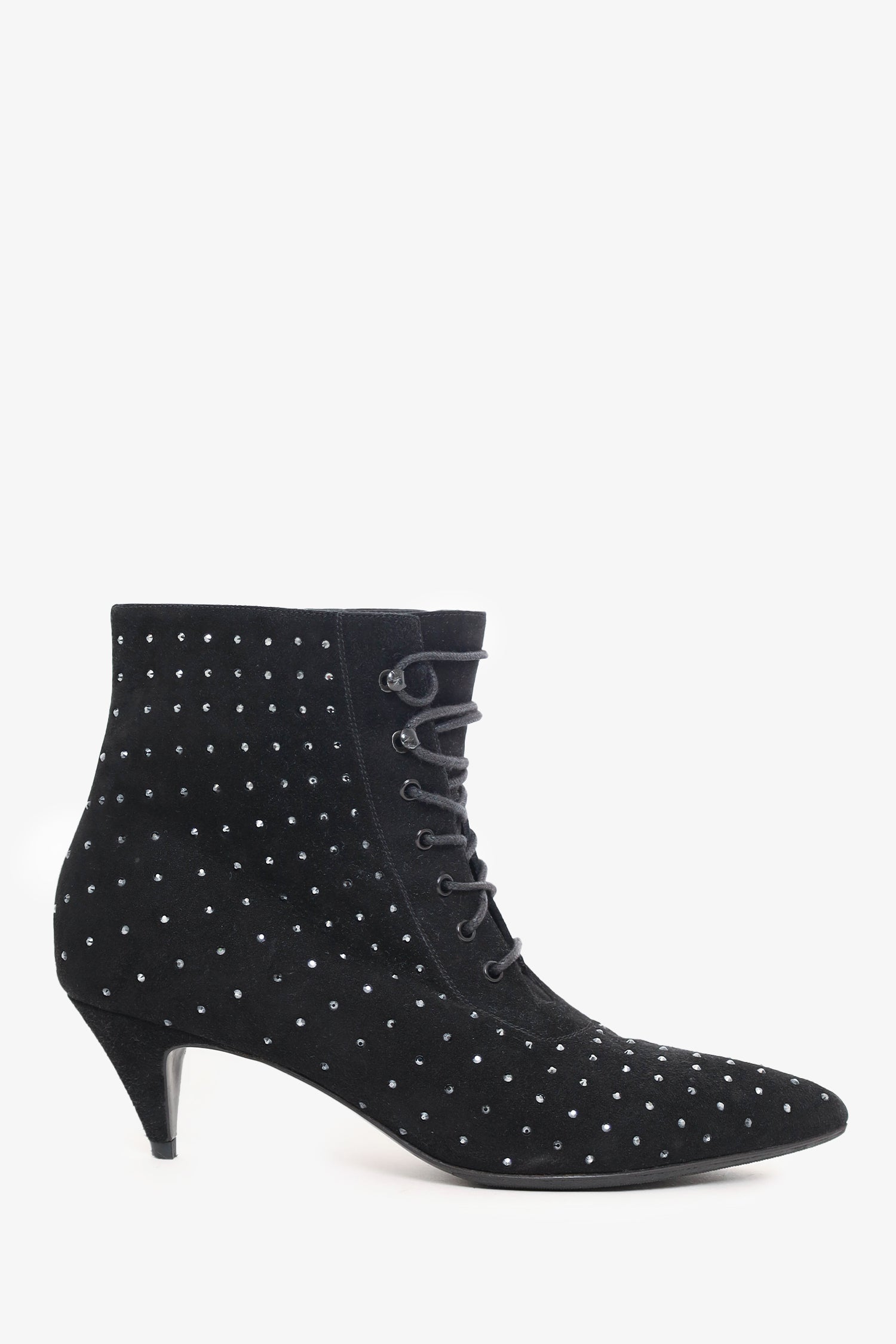 Saint Laurent Black Suede Crystal Embellishments Lace-Up Boots Size 37