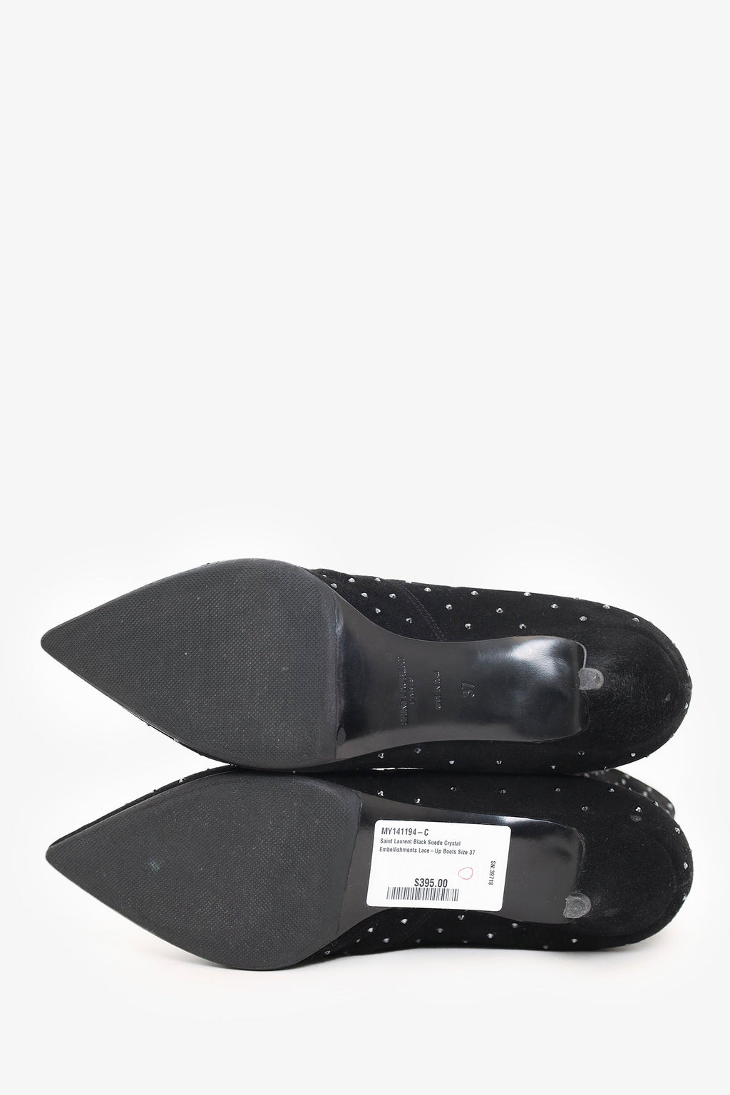 Saint Laurent Black Suede Crystal Embellishments Lace-Up Boots Size 37