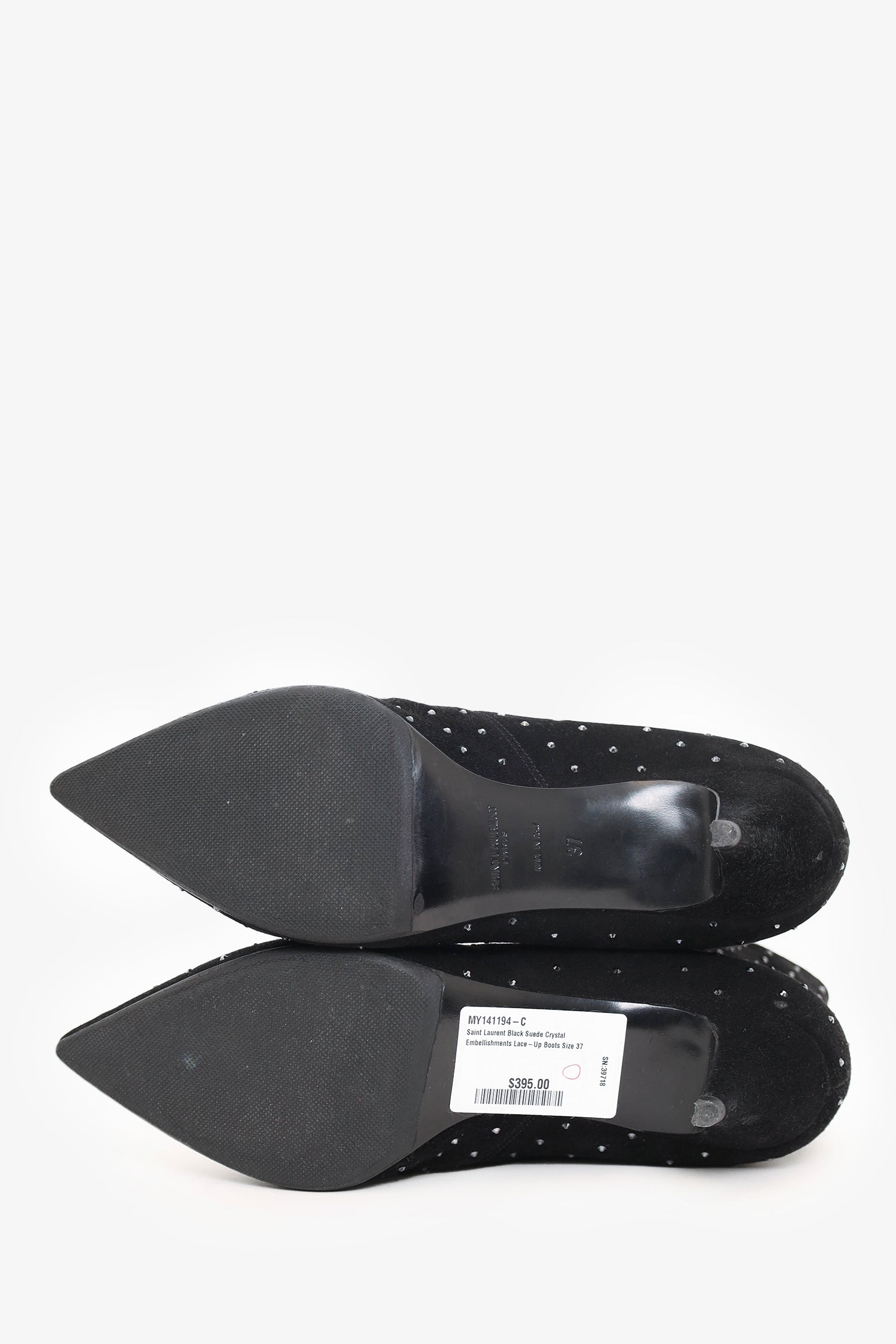 Saint Laurent Black Suede Crystal Embellishments Lace-Up Boots Size 37