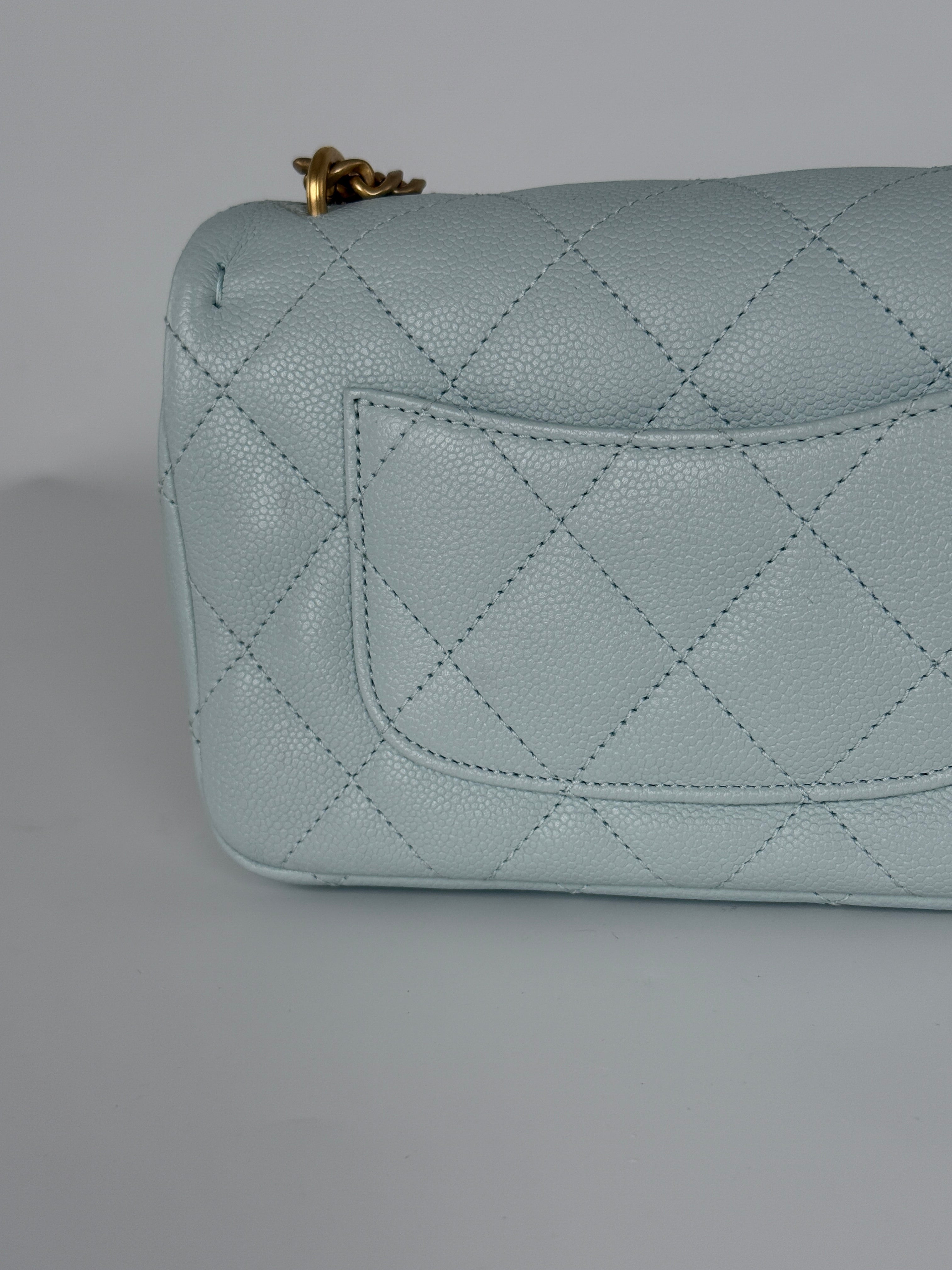 CHANEL Mini Rectangular Sweetheart Quilted Caviar Light Blue Flap Bag
