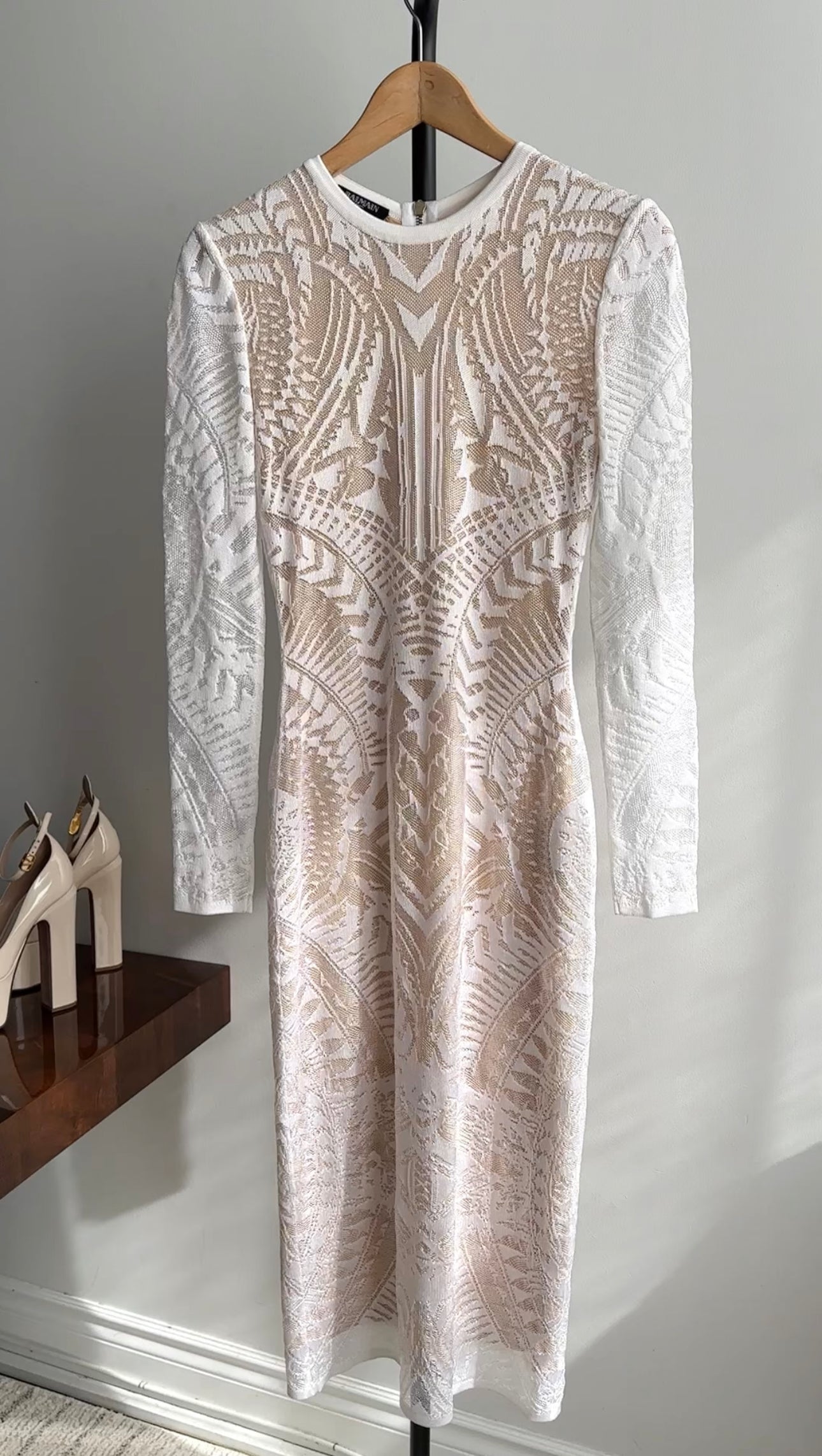 Balmain Resort 2015 White Intarsia Stretch Knit Long Gown Dress - FR36