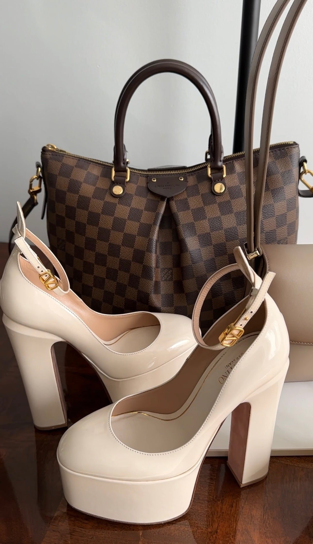 Valentino Ivory Patent Leather Tan Go Platform Ankle Strap Pumps - 35.5