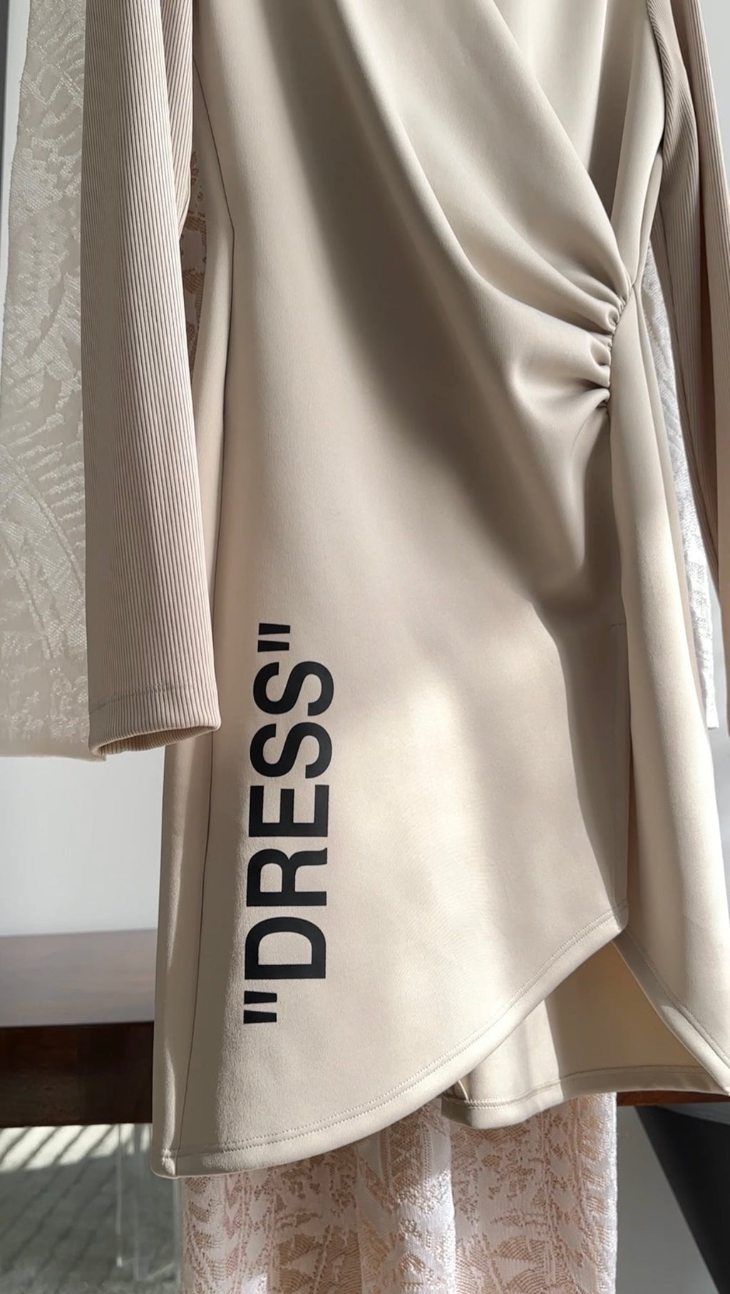 Off White Light Beige Jersey Wrap Dress with "Dress" Script - M (6/8)