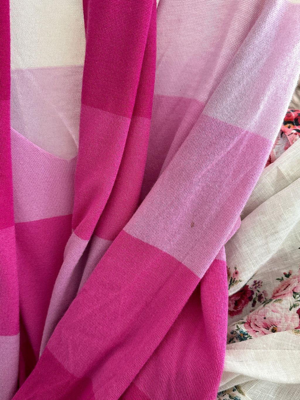 Chanel 05C Pink Cashmere Striped V Neck Sweater and Scarf Set