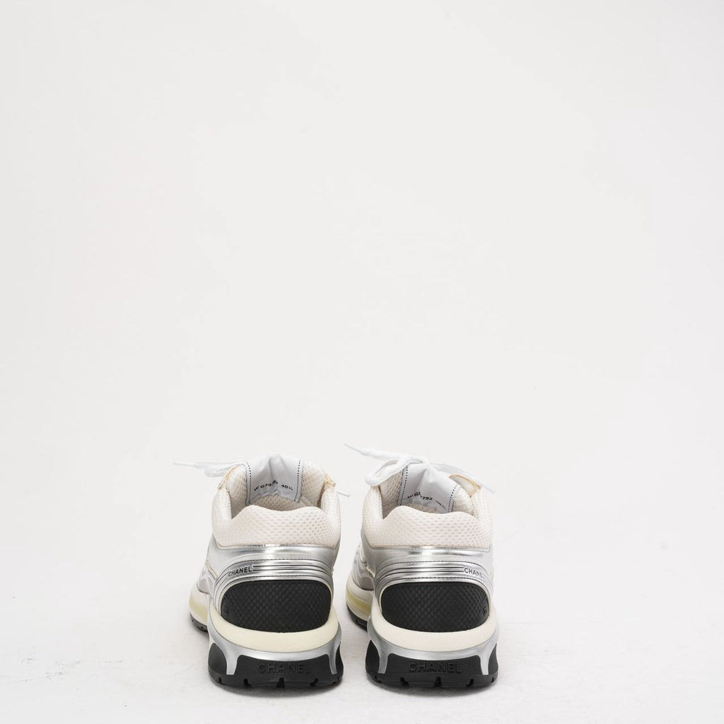 Chanel CC Logo Sneaker in White and Silver 40.5