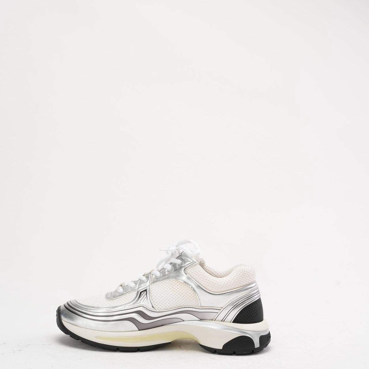Chanel CC Logo Sneaker in White and Silver 40.5