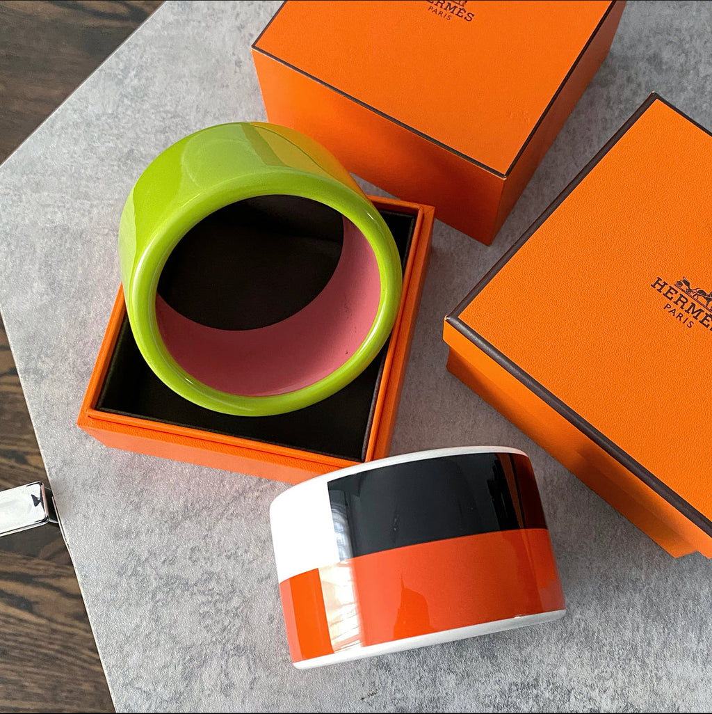 Hermes White Orange Black Lacquer Wide Assam Bangle